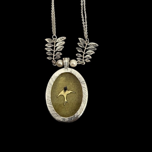 Double Slivertone Chain w/ Leaf & Faux Pearl & Gold/Yellow Pendant & Silver Bird - Picture 10 of 15